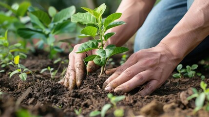 Fototapeta premium Close-up of hands planting a small tree seedling in a garden.