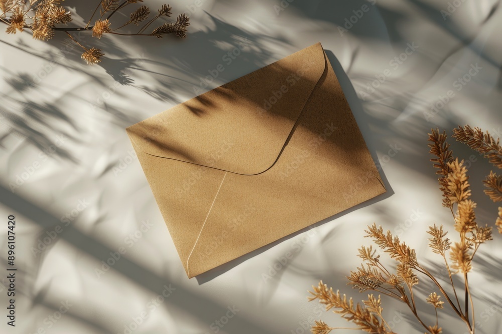 Poster a simple everyday scene featuring a brown envelope placed on a white sheet, ready for delivery or co