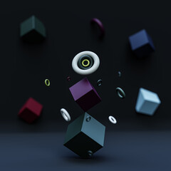 Floating 3D Cubes and Rings: Dark Geometric Abstract Composition
