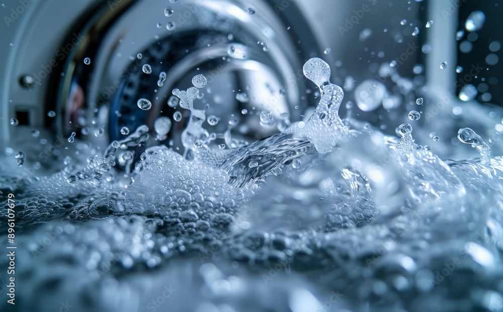 Poster close-up view of splashing water with bubbles in motion