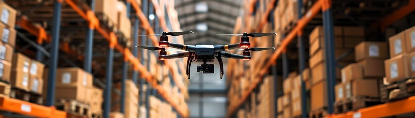 A drone hovers in a warehouse filled with stacked boxes, showcasing modern technology in logistics and inventory management.