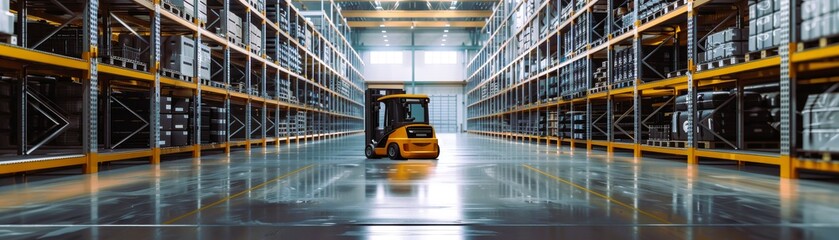 A modern warehouse interior showcasing organized shelves and a forklift, ideal for logistics and storage visuals.