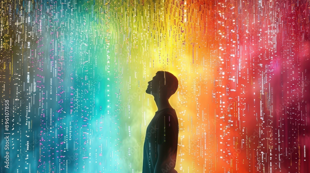 Poster Human silhouette dissolving into a cascade of colorful data streams, data visualization, digital identity