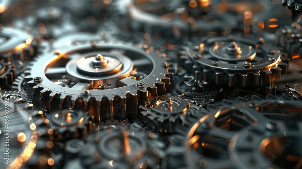 Poster Interlocking metallic gears and cogs in a mechanical landscape, 3D background, industrial abstract