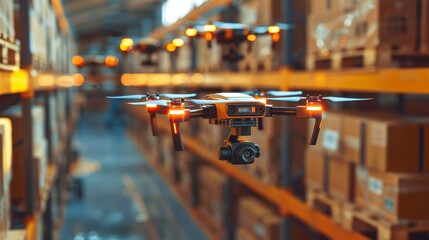 Aerial view of drones flying in a warehouse, showcasing advanced technology for efficient inventory management and delivery.