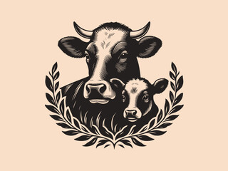 Cow and calf. Face, head. Emblem, vintage engraving vector illustration. Monochrome, black and white.