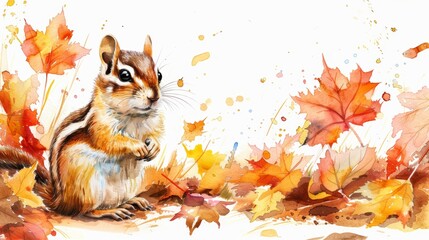 Fototapeta premium A cute chipmunk sits among colorful autumn leaves, perfect for fall-themed designs.