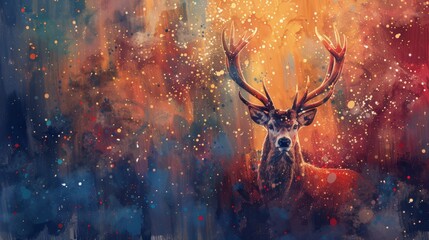 A majestic deer stands in a magical forest, glowing with vibrant colors and surrounded by shimmering lights.