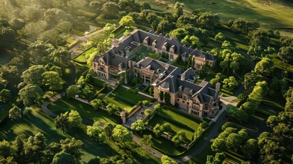 Fototapeta premium A sprawling mansion nestled amidst a lush green estate, its architecture a harmonious blend of classic and modern styles.