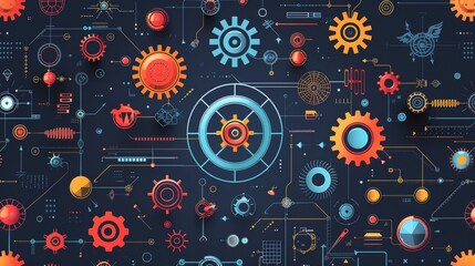 Abstract seamless pattern with gears, lines and geometric shapes on dark blue background.