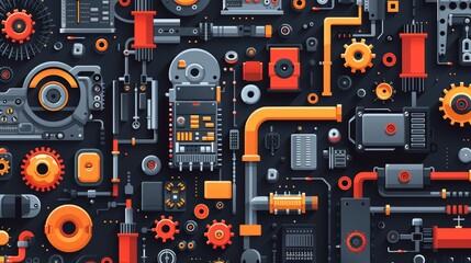 Abstract seamless pattern with industrial and mechanical elements. Perfect for backgrounds, textures, and designs.