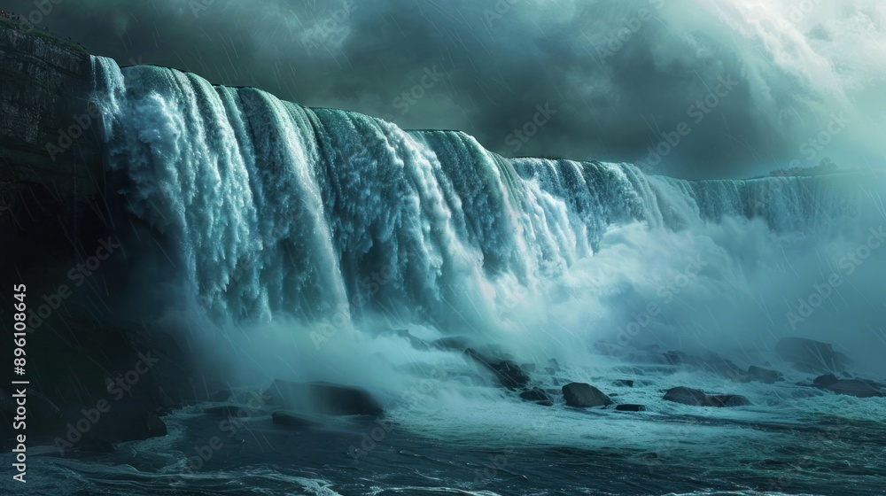Poster a surreal interpretation of niagara falls, where the cascading waters defy gravity and flow upwards,