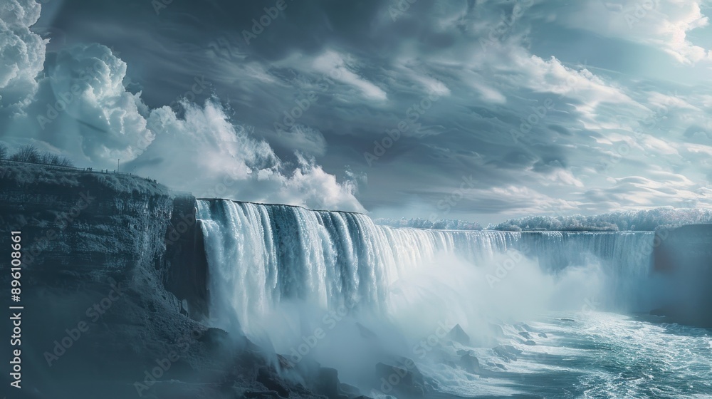 Poster a surreal interpretation of niagara falls, where the cascading waters defy gravity and flow upwards,