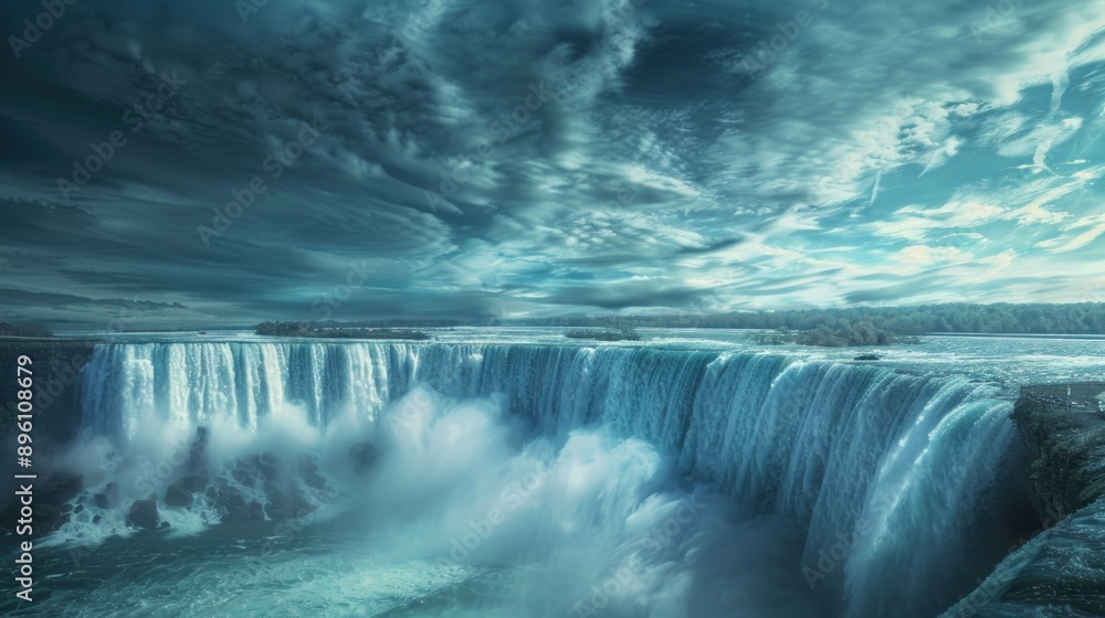 Poster a surreal interpretation of niagara falls, where the cascading waters defy gravity and flow upwards,