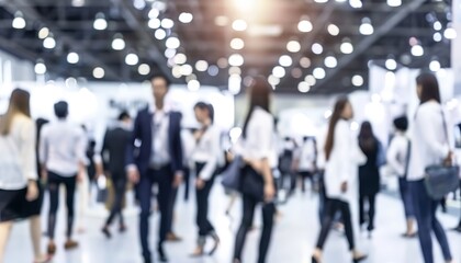 Fototapeta premium Blurred business people at trade fair in modern hall photography shot for business concept