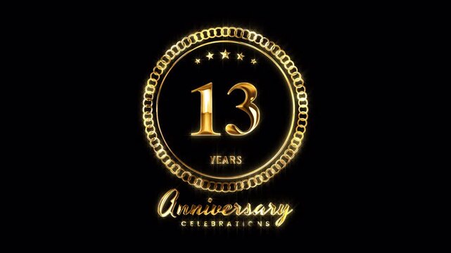13th Anniversary Celebration. Happy 13 Years Anniversary Animation in Gold Color on the Transparent Background, Alpha Channel. Great for greetings, celebrations, events, and gifts.