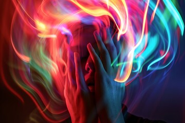 A person is shielding their head surrounded by colorful swirling lights, representing sensory overload