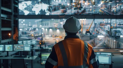 A man in a yellow vest stands in front of a large monitor with many screens. He is wearing a hard hat and he is looking at the screens. Concept of focus and concentration