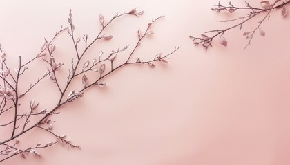 Pastel autumn branches on pink with putty effectfloral background with copy spaceflat lay view