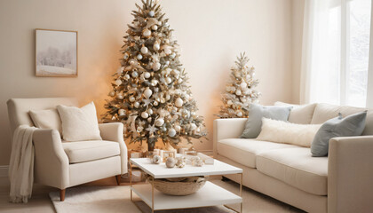 elegant living room with christmas tree and cozy space decoration
