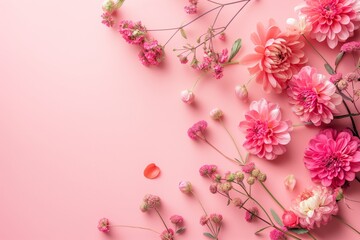 An assortment of various pink flowers spread artfully on a light pink background, representing natural beauty and elegance.