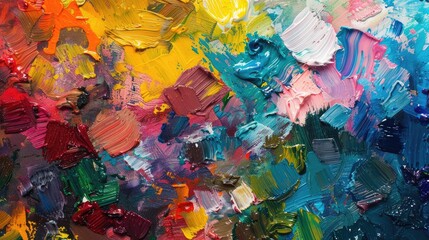 A street artist's palette with a variety of bright paint colors.