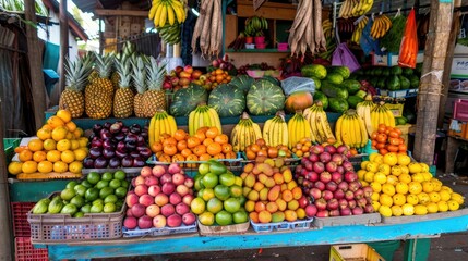 A variety of brightly colored fruits and vegetables arranged in a market stall.