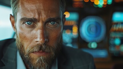 A close-up portrait of a man staring intently at his workstation, which is filled with various digital displays. The image highlights a high-tech and focused work environment.