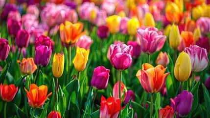 Fototapeta premium A vibrant field of tulips in full bloom, showcasing a spectrum of colors.