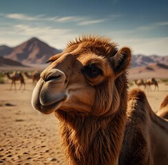 Portrait of a beautiful camel. A caravan of camels goes through the desert. Phone background or desktop wallpaper. Travel agency advertisement.