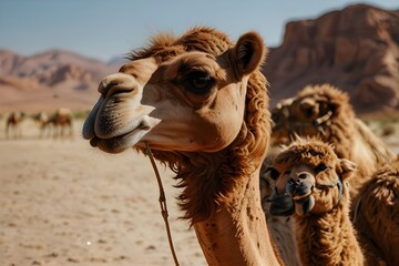 Portrait of a beautiful camel. A caravan of camels goes through the desert. Phone background or desktop wallpaper. Travel agency advertisement.