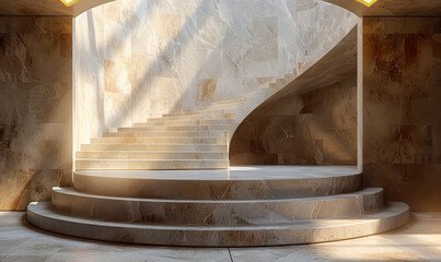 Modern Minimalist 3D Render of Marble Podium Platform with Spiral Staircase, Warm Natural Light, Architectural Visualization