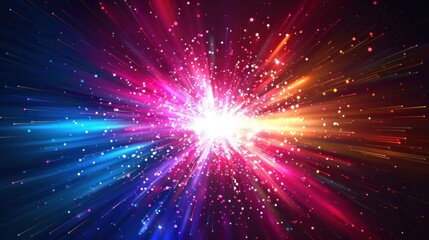 Naklejka premium A vibrant explosion of colorful lights radiating from a central point on a dark background,
