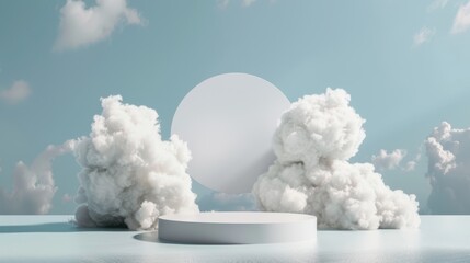 Dreamy cloud backdrop with a white podium on a blue sky stage, rendered for minimalistic product displays