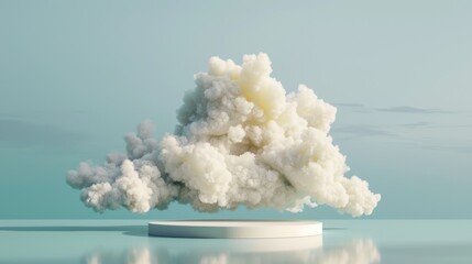 Dreamy cloud backdrop with a white podium on a blue sky stage, rendered for minimalistic product displays