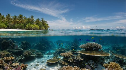 Fototapeta premium Crystal Clear Ocean Waters with Coral Reefs and Blue Sky