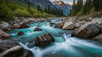 Majestic Mountain Stream with Cascading Waterfalls and Boulders