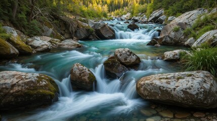 Fototapeta premium Majestic Mountain Stream with Cascading Waterfalls and Boulders
