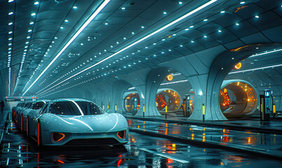 Futuristic Electric Vehicles in Advanced Charging Station at Night - Innovative Transportation Technology