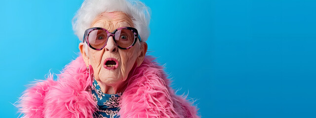 Colorful studio portrait of eccentric elderly granny wearing pink fur and sunglasses, blue background, shocked and judgmental expression