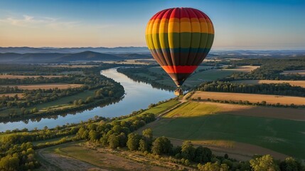 Obraz premium Hot Air Balloon Over Scenic River Valley at Sunrise
