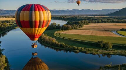 Naklejka premium Hot Air Balloon Over Scenic River Valley at Sunrise