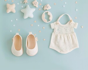 Organic newborn essentials on soft pastel background  baby shoes, bib, and teether photography
