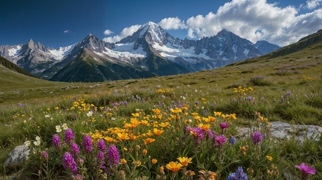Majestic Mountain Range with Wildflowers and Pristine Lake: Nature, Landscape, Photography, Scenic, Alpine, Serenity