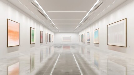 Obraz premium An ultra-modern art gallery showcasing cutting-edge contemporary art, its stark white walls providing a neutral backdrop for the vibrant artworks.