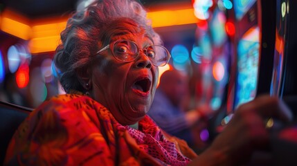 Obraz premium An elderly woman engages with a slot machine in a colorful casino setting, symbolizing leisure, excitement, and the thrill of gambling amidst the bright lights and energetic atmosphere.