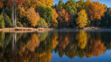 Autumn Reflections: Fall Foliage, Scenic Lake, Vibrant Colors, Tranquil Nature, Seasonal Beauty
