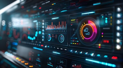 Fototapeta premium A computer monitor displays a number of graphs and charts, including one that shows the time. Scene is one of focus and concentration