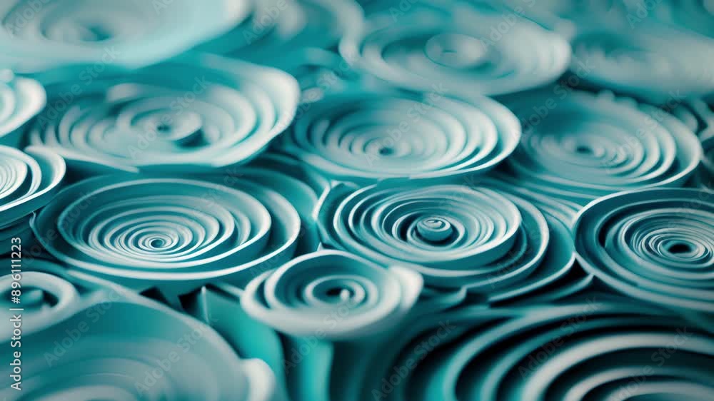 Poster an intricate design of overlapping circular forms in cool tones resembling the flow and rhythm of oc
