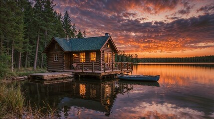 Obraz premium Serene Lakeside Sunset Cabin: Tranquil Reflections, Nature's Beauty, Peaceful Retreat, Vibrant Sky, Scenic Wilderness